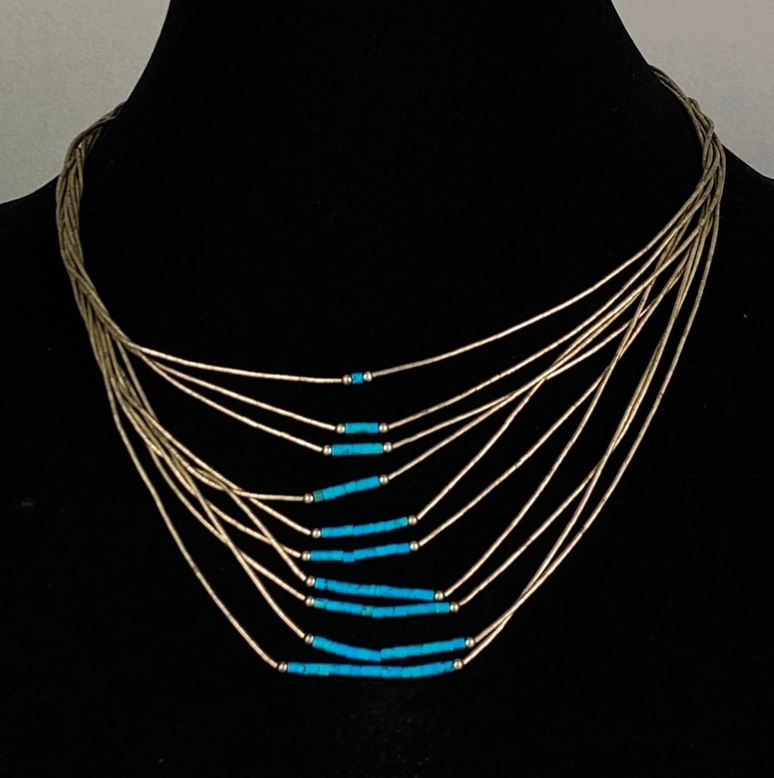Sterling Silver Turquoise Bead Liquid Silver 10 Strand Necklace: Measures 16 inches in length