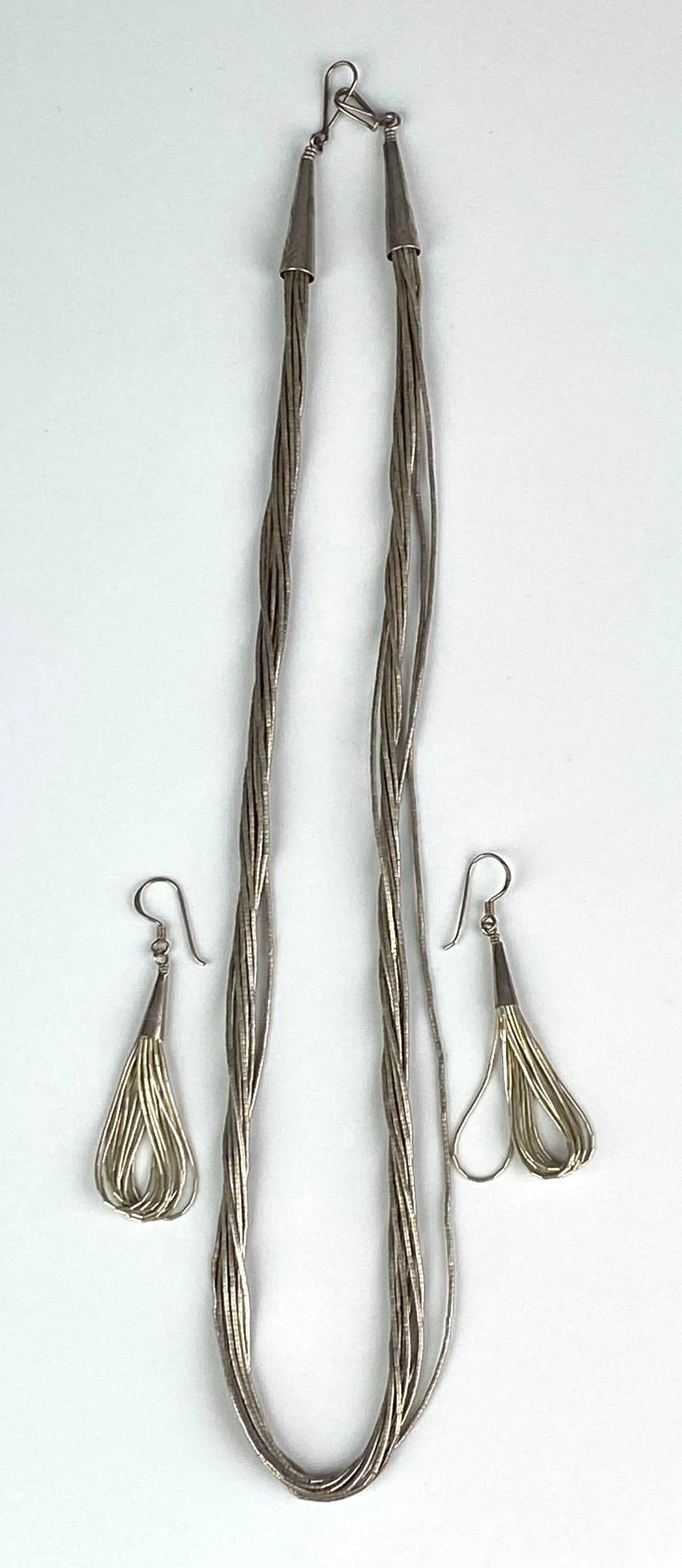 Sterling Silver Native American Liquid Silver Strand Necklace and Earring Set: Features a 10 strand necklace with a pair of 9 strand dangle Earrings, necklace measures 22 inches in length
