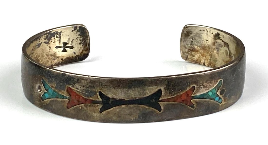 Signed Sterling Silver Multi-Stone Cuff Bracelet: Inner circumference measures 6 1/4 inches with a 1 inches opening