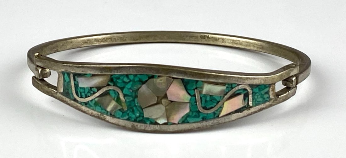Sterling Silver MOP Turquoise Hinged Bracelet: measures 2 1/2 inches W x 2 inches D