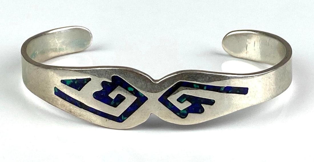 Mexican Sterling Silver Lapis Lazuli and Turquoise Chunk Cuff Bracelet: Inner circumference measures 7 inches with a 1 1/2 inches opening