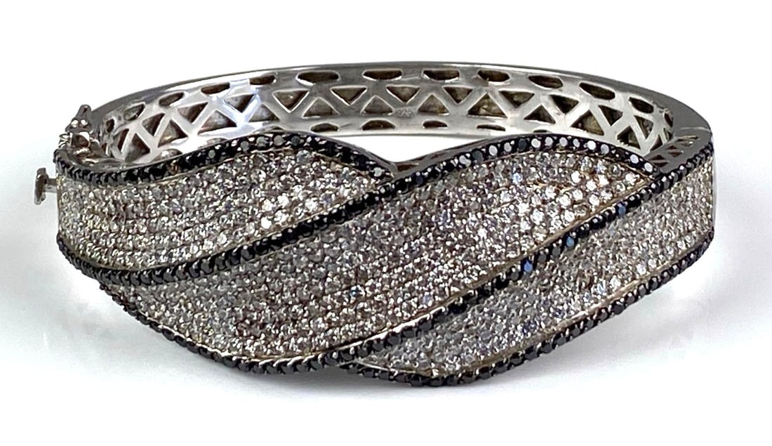 Sterling Silver CZ Rhinestone Hinged Bracelet: Measures 2 3/4 inches W x 2 1/2 inches D