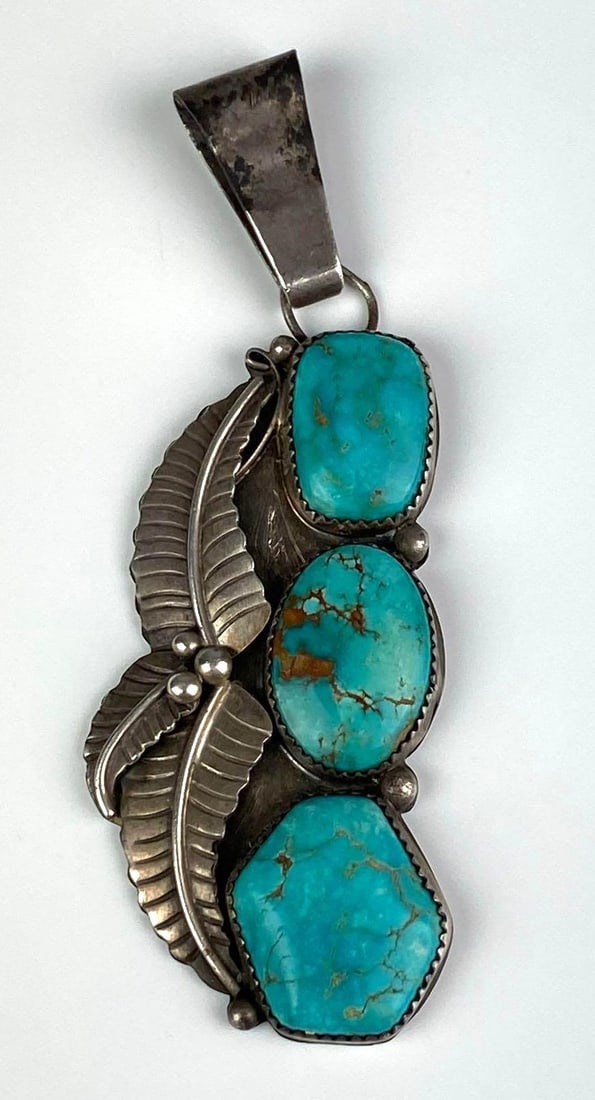 Sterling Silver Native American Stacked Turquoise Pendant: measures 3 1/2 inches H x 1 1/4 inches W