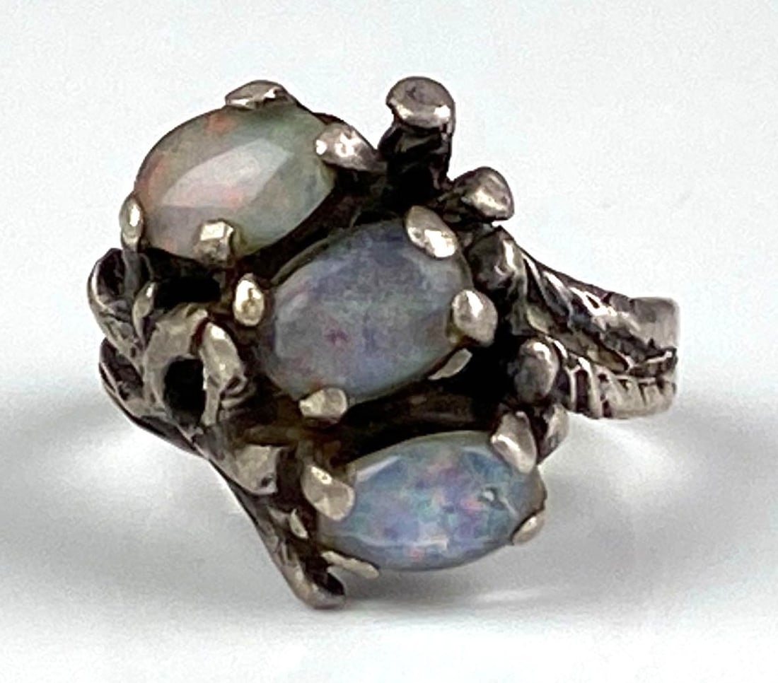 Unique Sterling Silver Stacked Fire Opal Branch Ring: Size 5 1/2