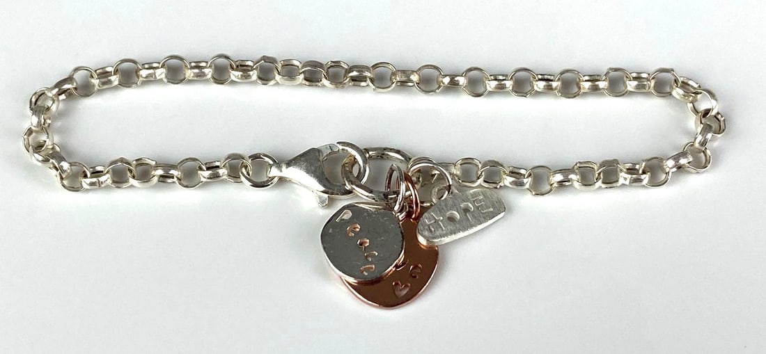 Sterling Silver Peace Love Hope Charm Bracelet: Measures 8 inches in length