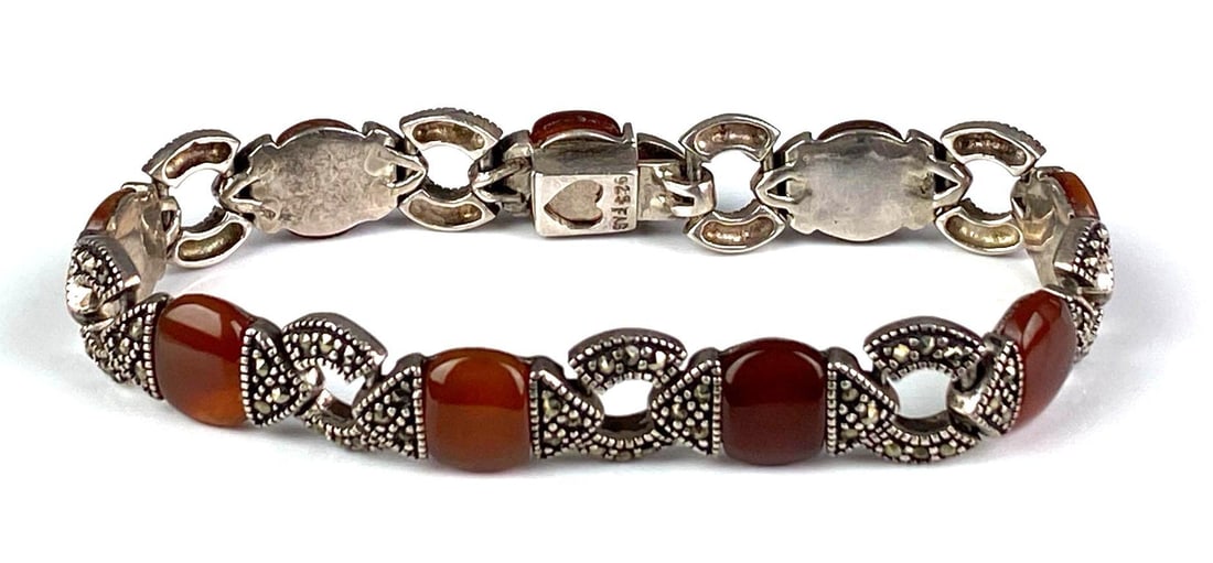 FAS Signed Sterling Silver Marcasite Carnelian Stone Bracelet: Measures 7 1/2 inches in length