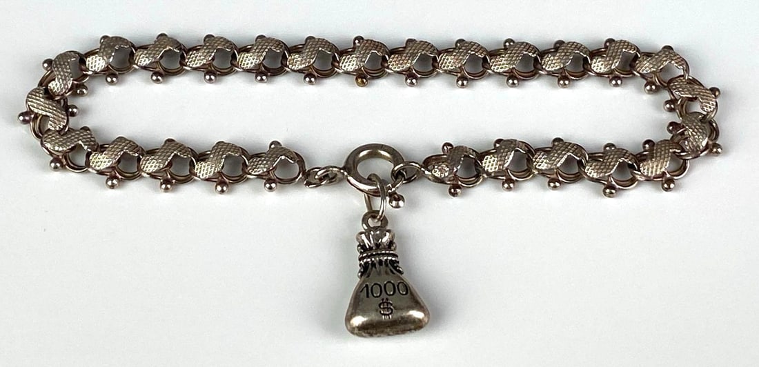 Sterling Silver Textured Link $1000 Money Bag Charm Bracelet: Measures 8 inches in length
