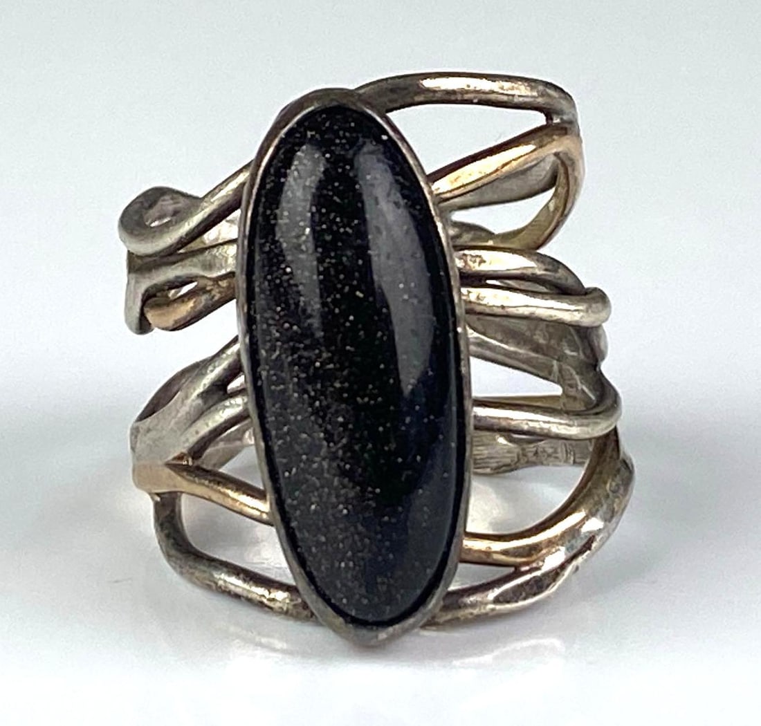 Sterling Silver Two-Tone Black Sunstone Wire Frame Ring: Size 6 1/2