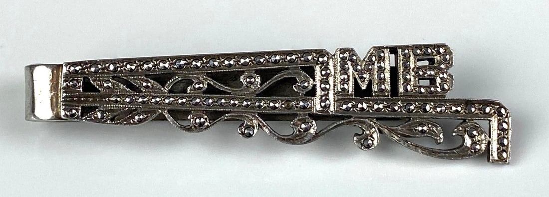 PRK Signed Sterling Silver Marcasite MB Tie Clip: Measures 2 1/2 inches W
