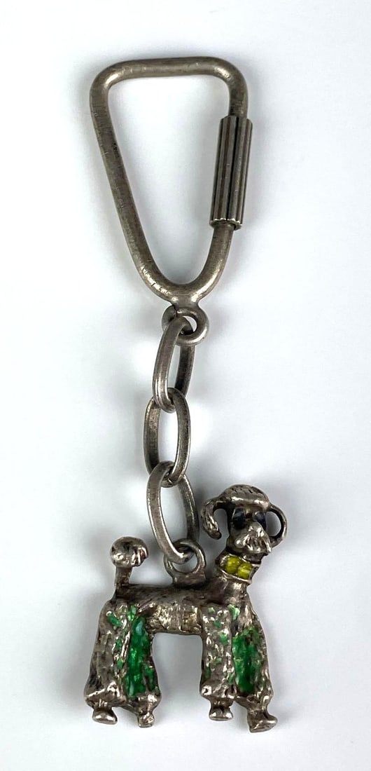 Silver Enamel Poodle Keychain: Measures 3 1/2 inches H x 1 1/2 inches W