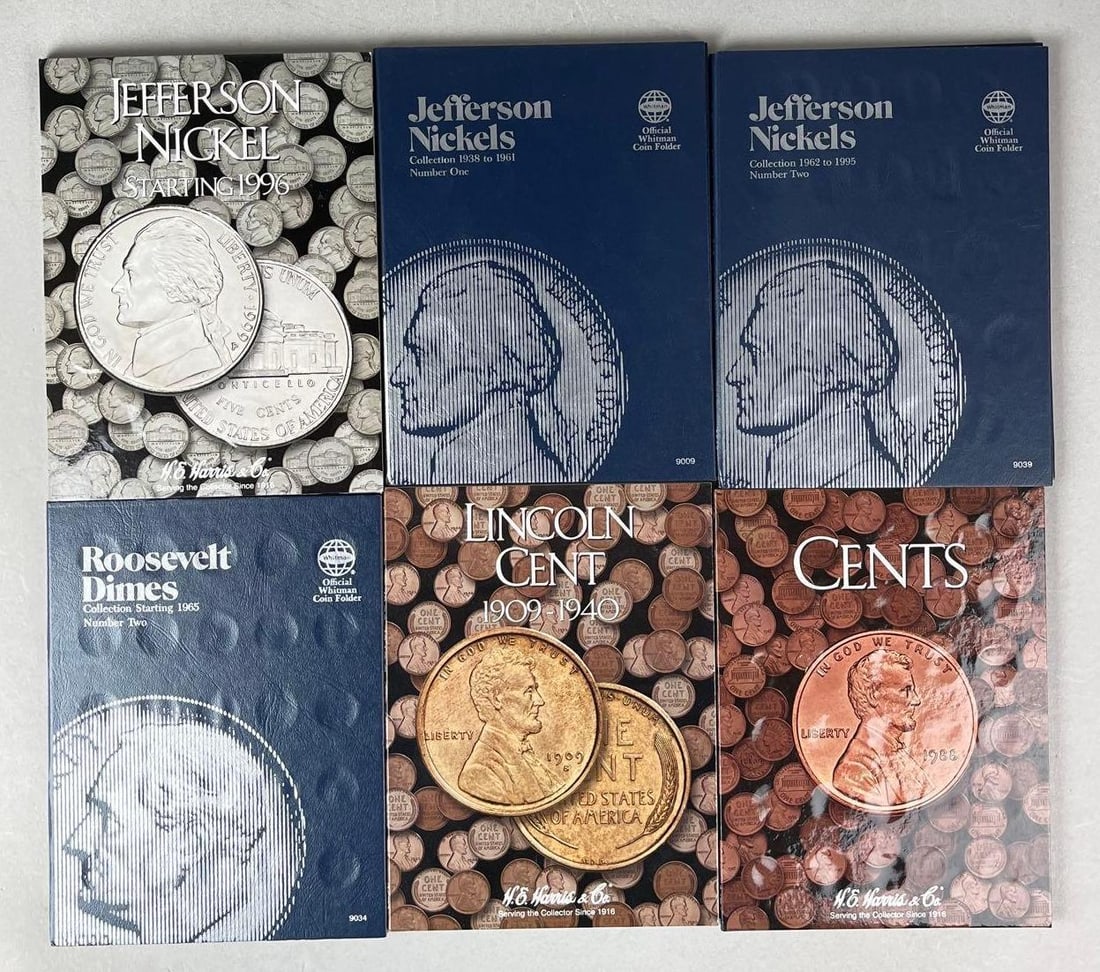 Group of US Assorted Coins in 6 Whitman Coin Folders: Includes 19 Lincoln Head Cents, 75 Roosevelt dimes and 85 Jefferson Nickels.