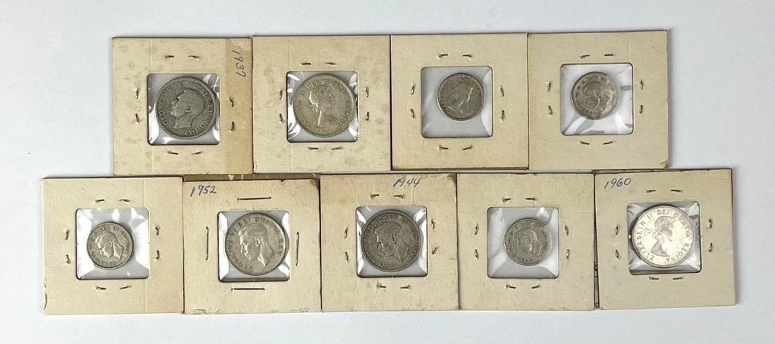 Group of 9 Canadian Silver Coins: Include 4 George VI Silver Dimes and 5 Silver Quarters.