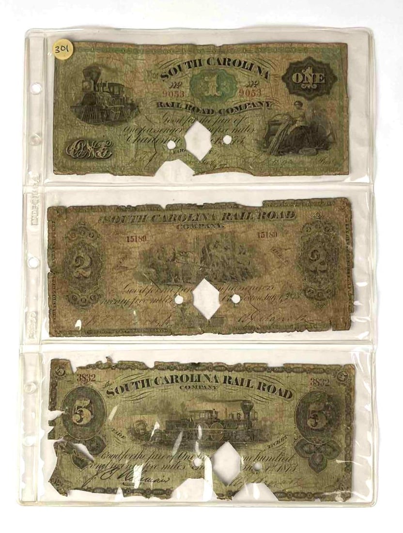 Group of 3 South Carolina Rail Road Obsolete Notes: Includes 1, 2 and 5.