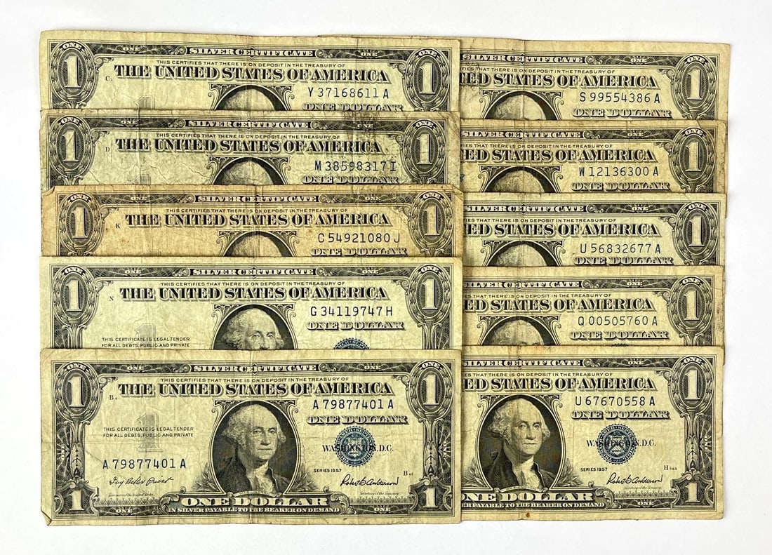 Group of 10 US $1 Blue Seal Silver Certificates: Includes 3 1935 and 7 1957