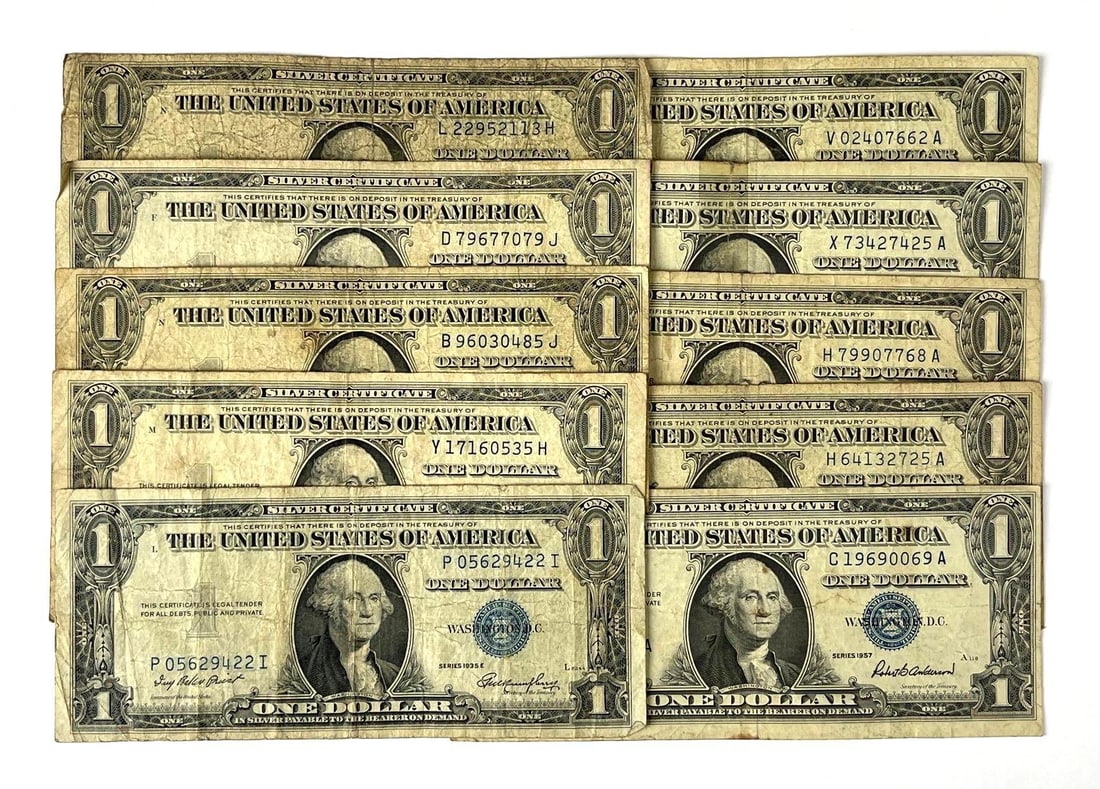 Group of 10 US $1 Blue Seal Silver Certificates: Includes 5 1935 and 5 1957.