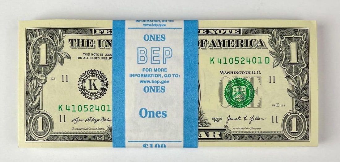Group of 100 2021 US Mint $1 Consecutive Serial Numbered Bills: Group of 100 2021 US Mint $1 Consecutive Serial Numbered Bills