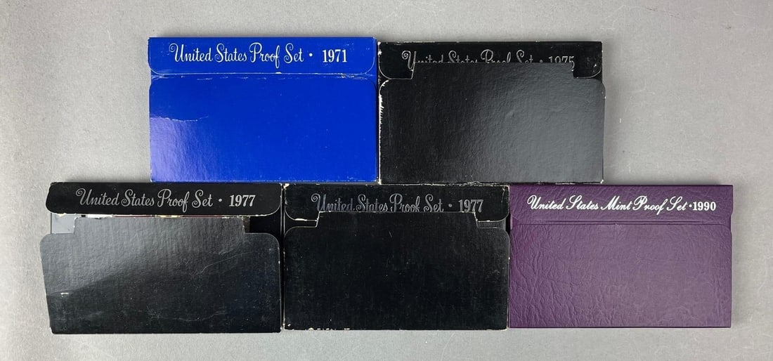 Group of 5 US Mint Coin Proof Sets: Includes years 1971, 1975, 2 1977 and 1990.