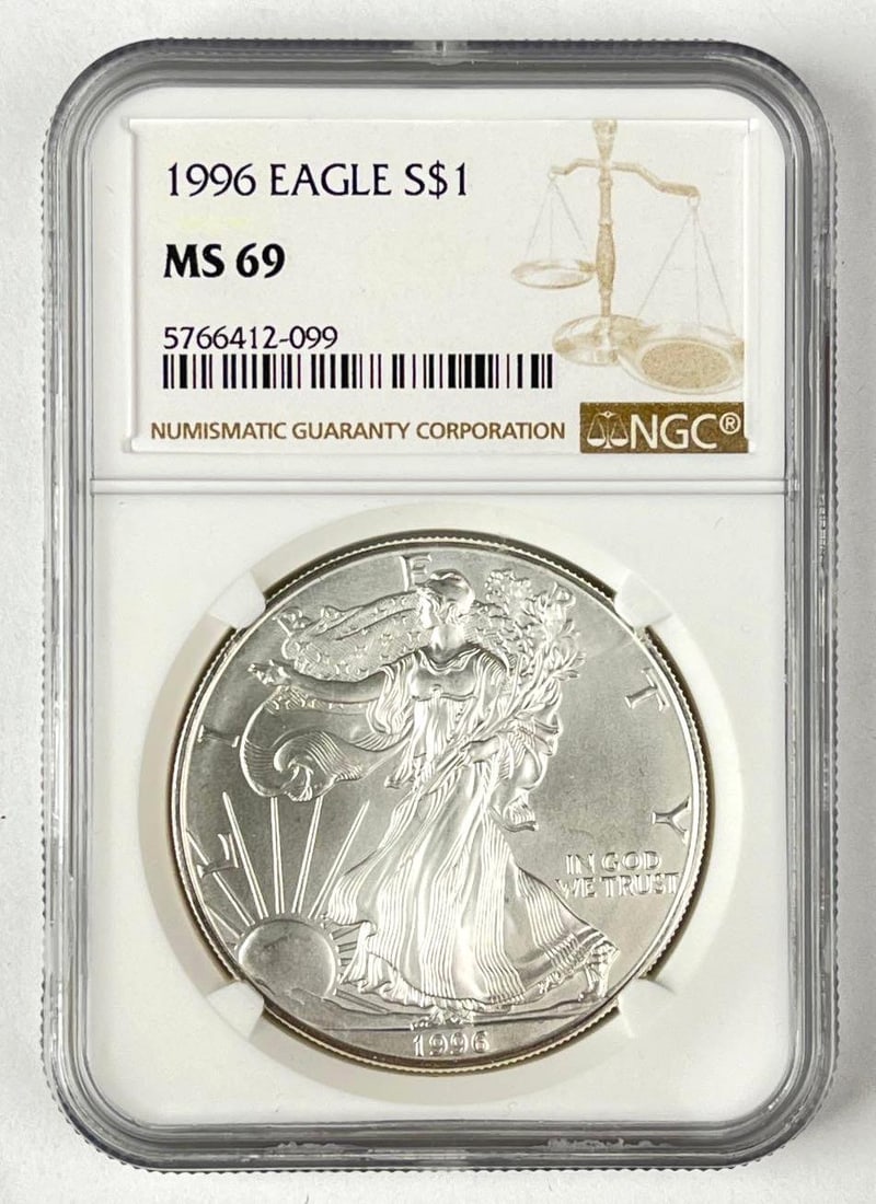 1996 US $1 American Silver Eagle 1 oz Fine Silver Coin NGC MS69: 1996 US $1 American Silver Eagle 1 oz Fine Silver Coin NGC MS69