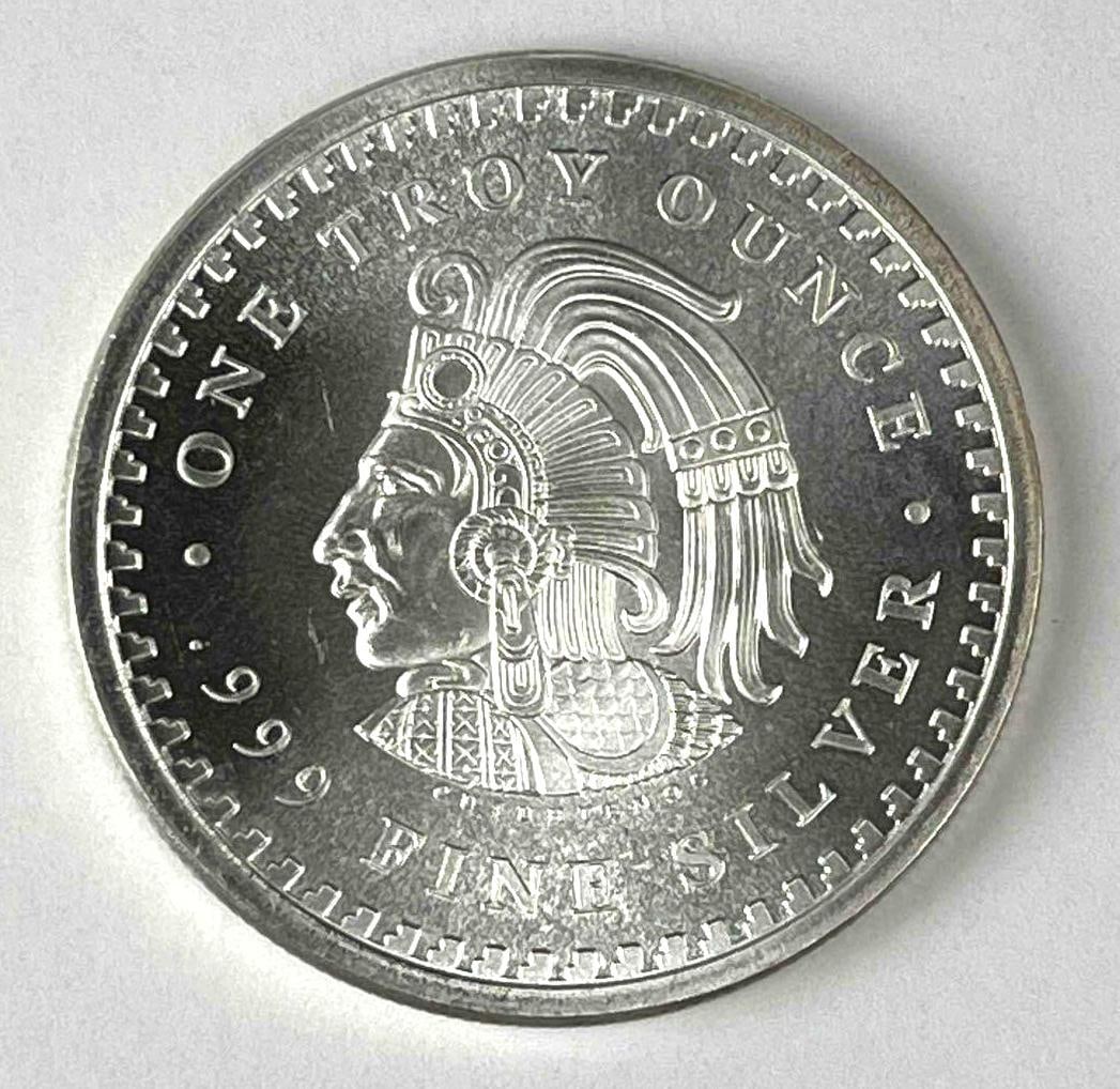 Cuauhtemoc Aztec Calendar 1 oz .999 Fine Silver Round (1 of 2)