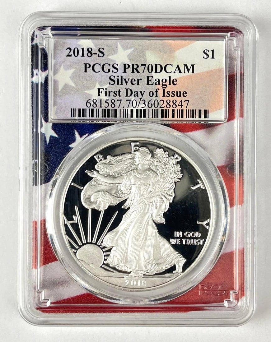 2018 S US $1 American Silver Eagle 1 oz Fine Silver Coin PCGS PR70 DCAM: First Day of Issue
