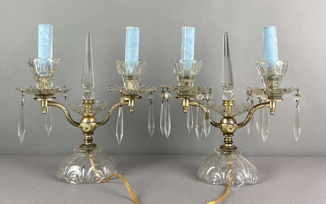 Pair of Glass Prism 2 Light Candelabra Table Lamps: Untested, missing prisms, each measures 12 1/4 inches H x 11 inches W x 5 inches D