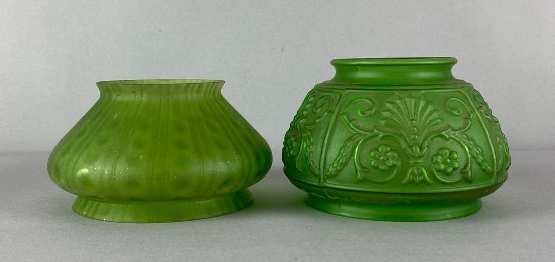 Group of 2 Frosted Emerald Glass Lamp Shades: needs cleaning, largest measured 4 inches H x 5 1/2 inches W with a 3 1/4 inches fitter