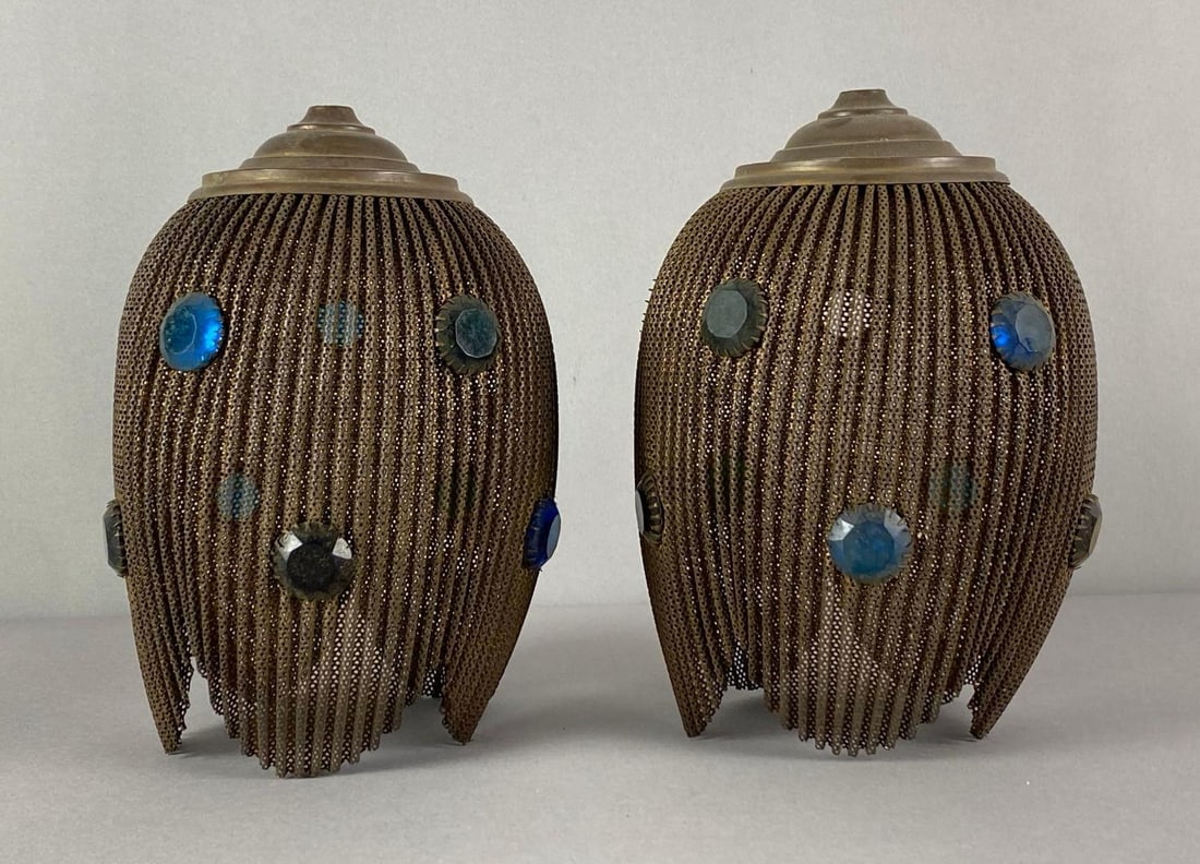 Pair of Vintage Brass Mesh Rhinestone Lamp Shades: Each measures 8 1/2 inches H x 6 inches W