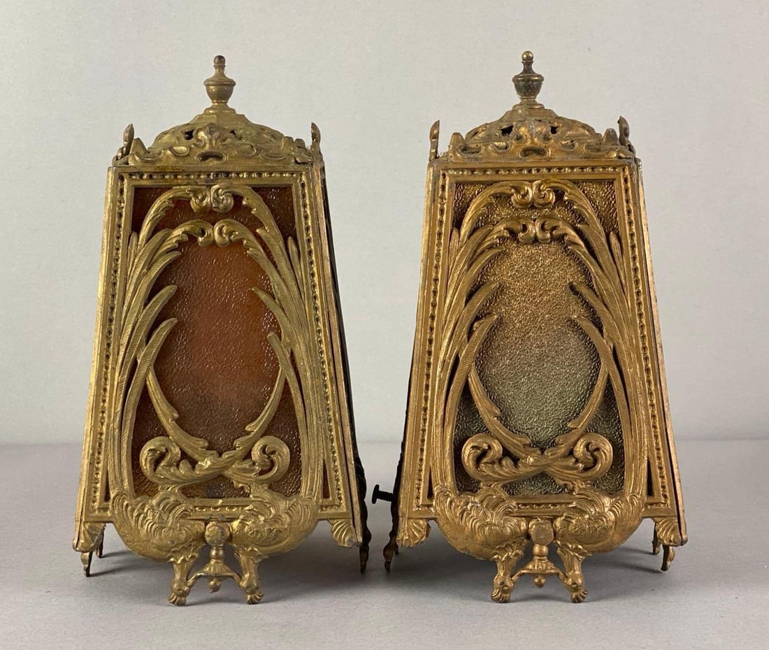 Group of 2 Vintage Cast Iron Frosted Satin Textured Glass Lamp Shades: Each measures 9 1/4 inches H x 5 inches W x 5 inches D