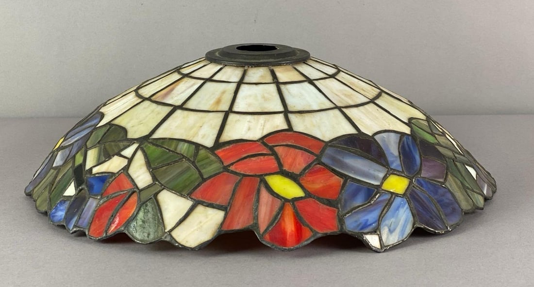 Vintage Floral Slag Glass Lamp Shade: needs cleaning, measures 4 1/2 inches H x 16 inches W