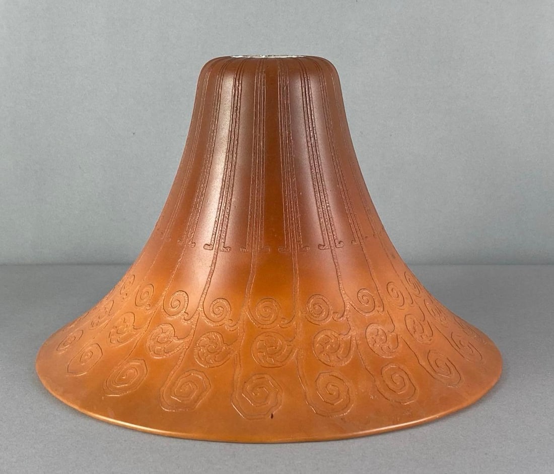 Cased Caramel Floral Motif Flared Glass Lamp Shade: Fleabites on fitter, measures 8 inches H x 12 inches W with a 2 inches fitter