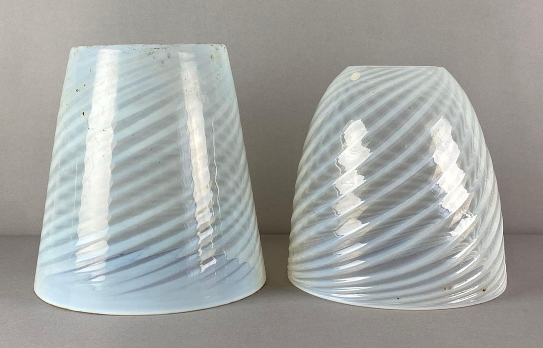 Group of 2 Opalescent Swirl Glass Lamp Shades: needs cleaning, largest measures 9 1/4 inches H x 8 1/2 inches W