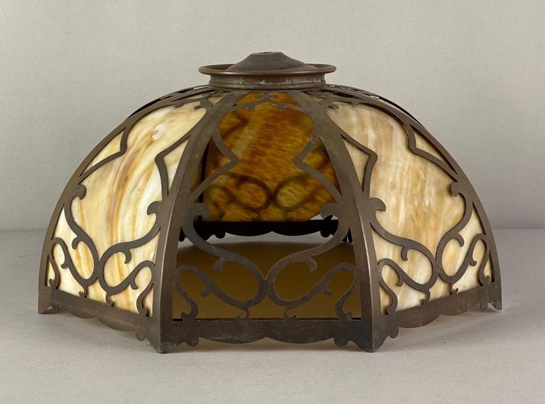 Antique Slag Glass Lamp Shade: One panel broken and included, measures 7 1/2 inches H x 13 inches W