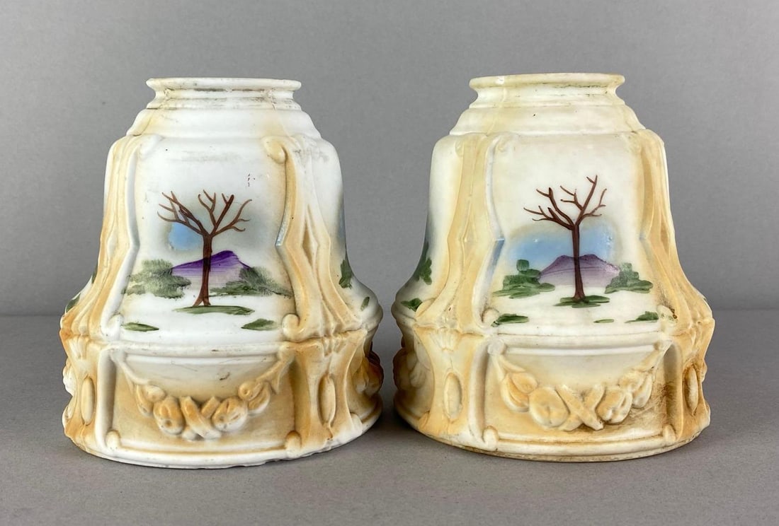 Group of 2 Vintage Satin Hand Painted Pictorial Glass Lamp Shades: Each measures 5 inches H x 4 1/2 inches W with 2 1/4 inches fitters
