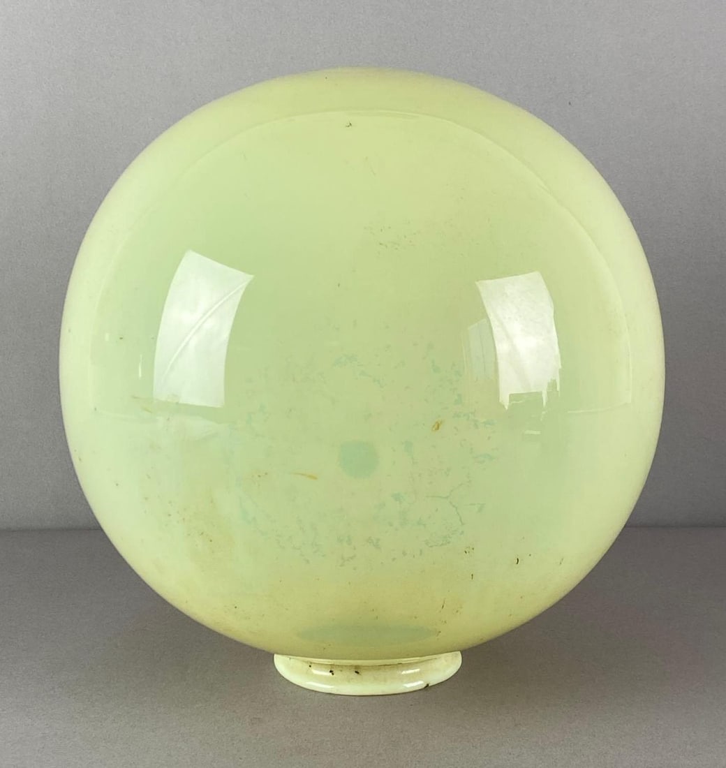 Globe Vaseline Glass Lamp Shade: UV Reactive, measures 10 1/2 inches H x 9 1/2 inches W with a 3 inches fitter