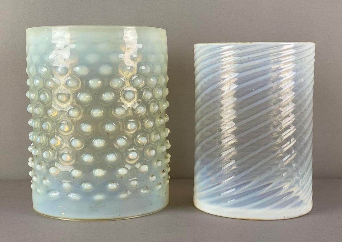 Group of 2 Opalescent Art Glass Tube Lamp Shades: Features hobnail and swirl, largest measures 8 3/4@ H x 7 inches W