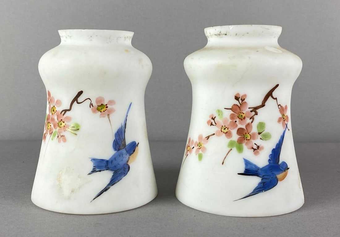 Pair of Hand Painted Blue Jay White Satin Glass Lamp Shades: Each measures 5 inches H x 3 1/2 inches W with a 2 inches Fitter