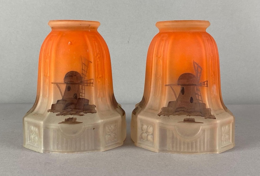 Group of 2 Orange Flash Ombre Hand Painted Windmill Glass Lamp Shades: Each measures 5 inches H x 4 1/4 inches W with 2 inches fitters