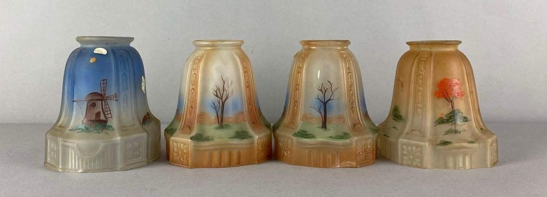 Group of 4 Hand Painted Paneled Glass Lamp Shades: Each measures 5 inches H x 4 1/4 inches W with 2 1/4 inches fitters