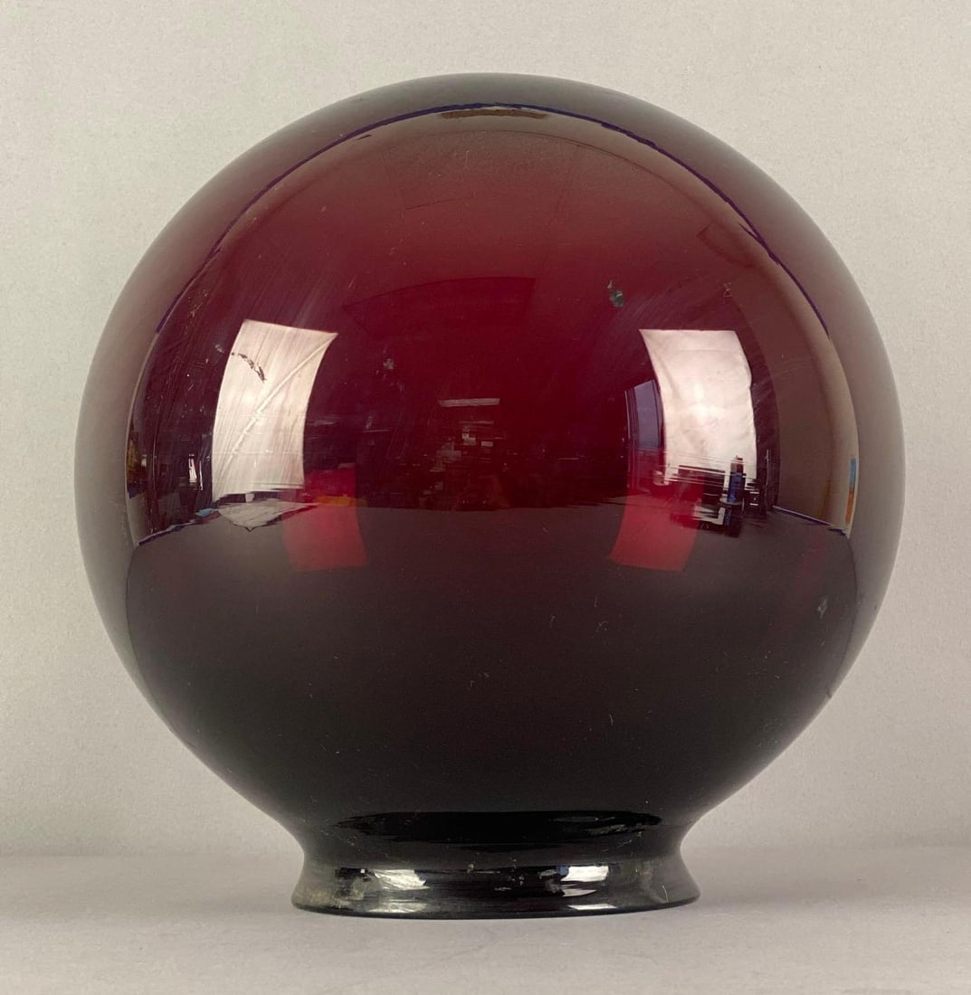 Ruby Glass Globe Lamp Shade: Needs cleaning, Measures 10 1/4 inches H x 9 1/2 inches W with a 4 1/2 inches Fitter