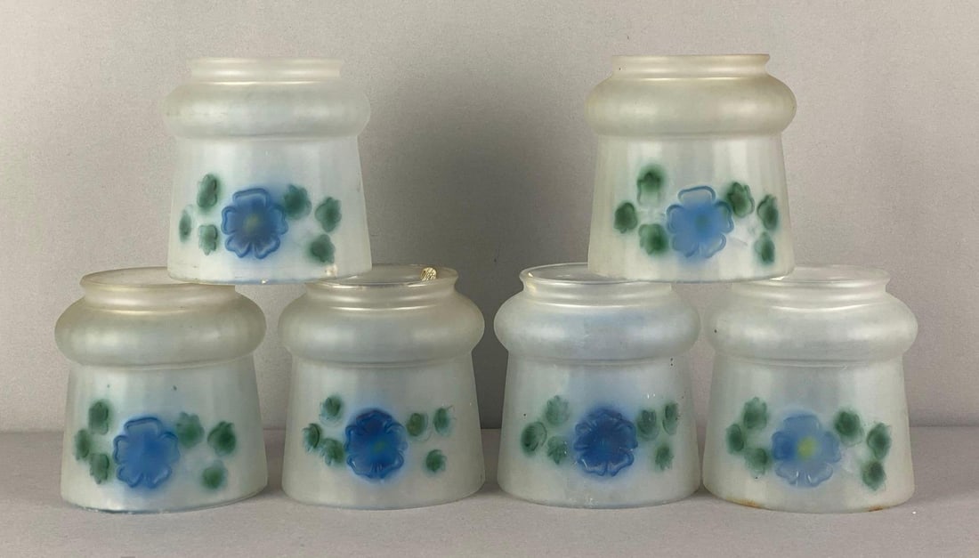 Group of 6 Frosted Floral Glass Lamp Shades: each measured 5 inches H x 4 1/2 inches W with 3 1/2 inches fitters
