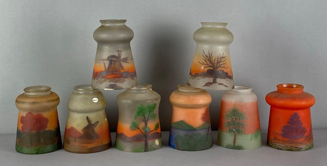 Group of 8 Hand Painted Sunset Scene Frosted Glass Lamp Shades: need cleaning, largest measures 5 1/2 inches H x 3 3/4 inches W with a 2 1/4 inches fitter