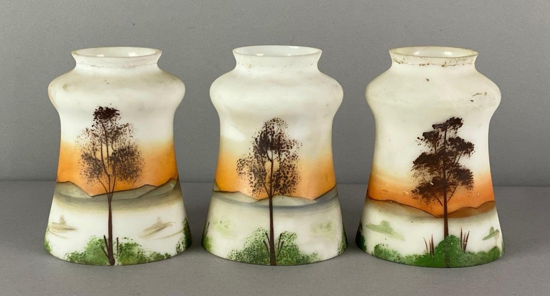 Group of 3 Hand Painted Sunset Pictorial Glass Lamp Shades: need cleaning, each measures 5 inches H x 3 1/2 inches W with 2 1/4 inches fitter