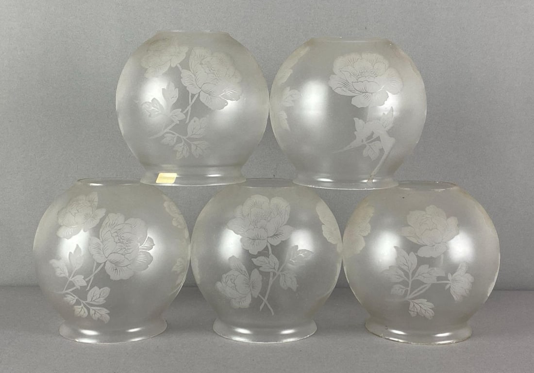 Group of 5 Frosted Etched Floral Motif Glass Lamp Shades: fleabites throughout fitters, each measures 4 1/2 inches H x 4 1/2 inches W with 3 1/4 inches fitters