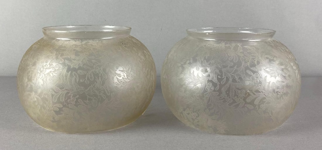 Group of 2 Dense Floral Etched Glass Lamp Shades: Fleabites on fitters, each measures 5 inches H x 7 1/2 inches W with 4 3/4 inches fitters