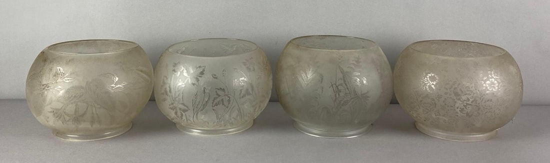 Group of 4 Frosted Floral Etched Glass Lamp Shades: Need cleaning, largest measures 4 1/2 inches H x 7 1/4 inches W with a 4 1/2 inches fitter