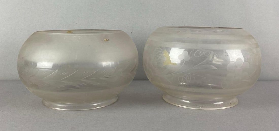 Group of 2 Frosted Floral Etched Glass Lamp Shades: Need cleaning, largest measures 4 3/4 inches H x 7 1/2 inches W with a 4 3/4 inches fitter