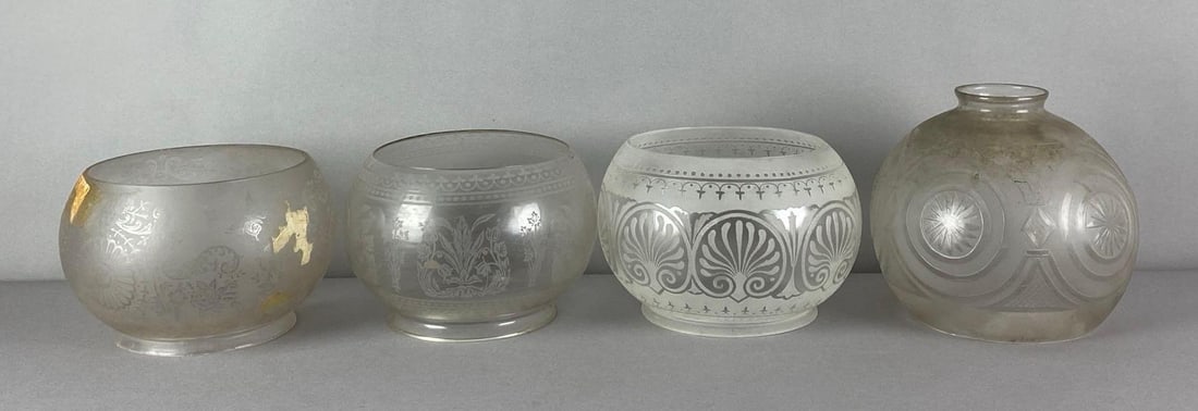 Group of 4 Frosted Etched Glass Lamp Shades: need cleaning, largest measures 6 1/2 inches H x 7 inches W with a 2 inches fitter