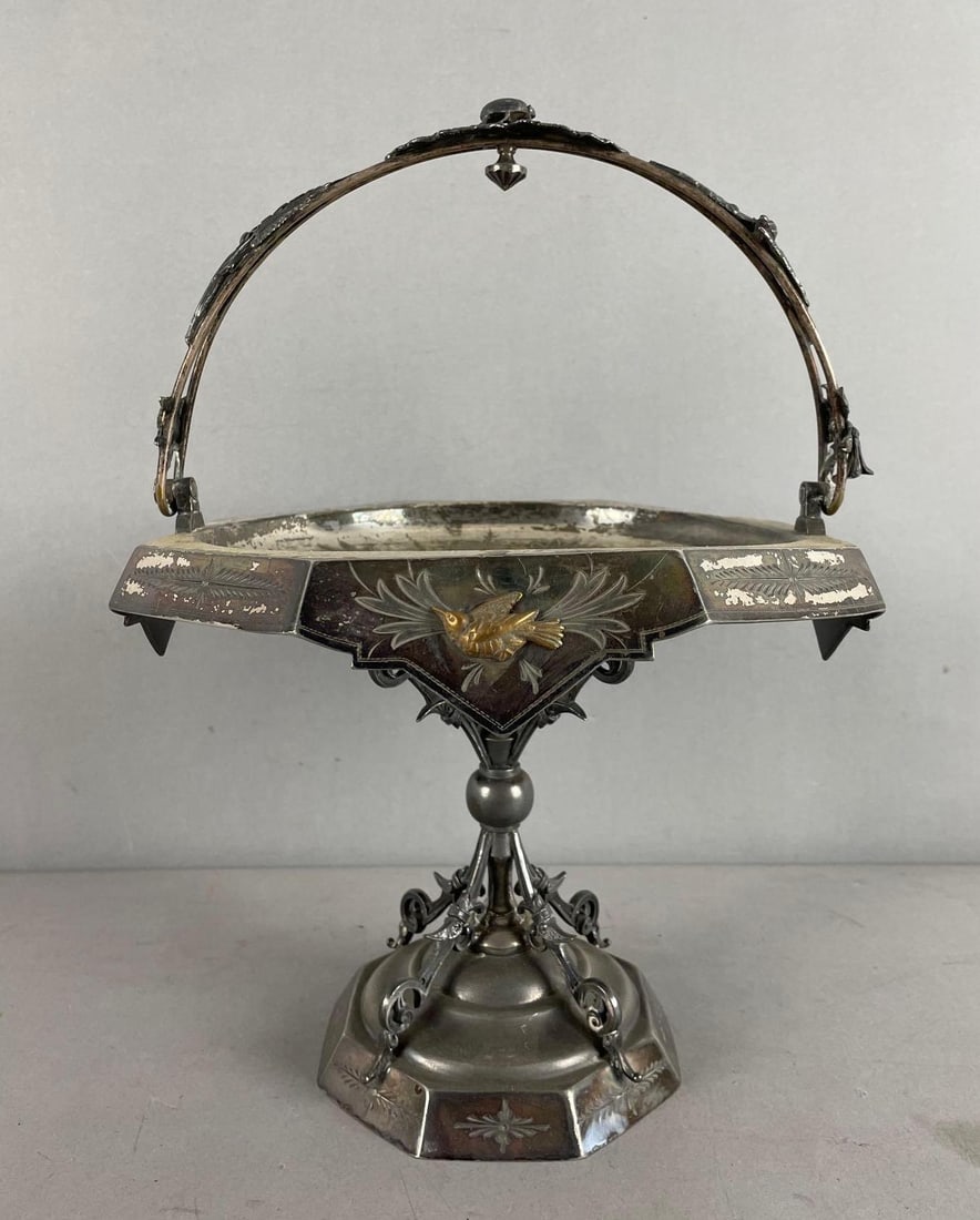 Antique Rogers and Bro Silver Plate Bird Motif Compote: With handle down measures 8 3/4 inches x 10 inches x 10 inches