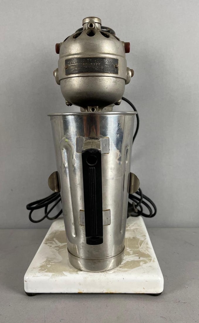 Vintage Hamilton-Beach Soda Fountain Malt Mixer: Untested, porcelain base, measures 13 inches x 6 1/4 inches x 8 1/4 inches