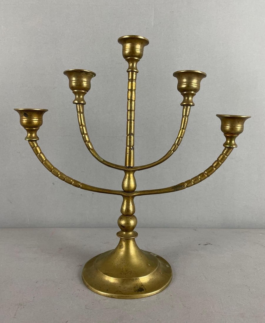 Vintage Brass 5 Arm Menorah Candelabra: Rotating arms, measures 10 1/4 inches x 10 inches x 4 inches